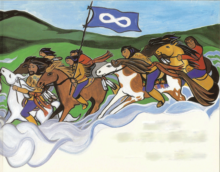 coloured drawing of people on running horses with a man holding a Metis flag