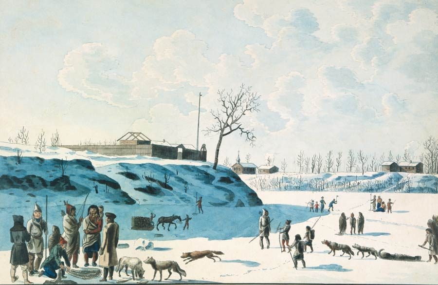 People stand atop the frozen forks of Manitoba's Red and Assiniboine rivers in the year 1821