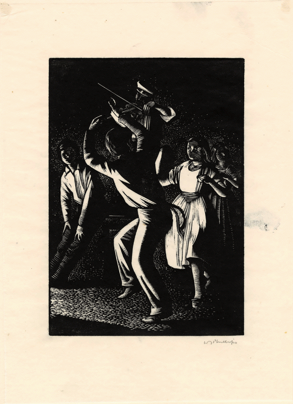 black and white ink image of three people dancing