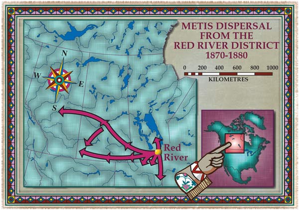 A map detailing the Metis dispersal from the Red River District