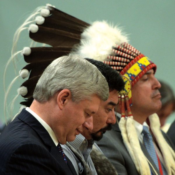 Prime Minister Stephen Harper, Inuit Tapiriit Kanatami president Terry Audla (middle), and Assembly of First Nations Chief Perry Bellegarde at the closing ceremony of the Truth and Reconciliation Commission, on June 3, 2015.