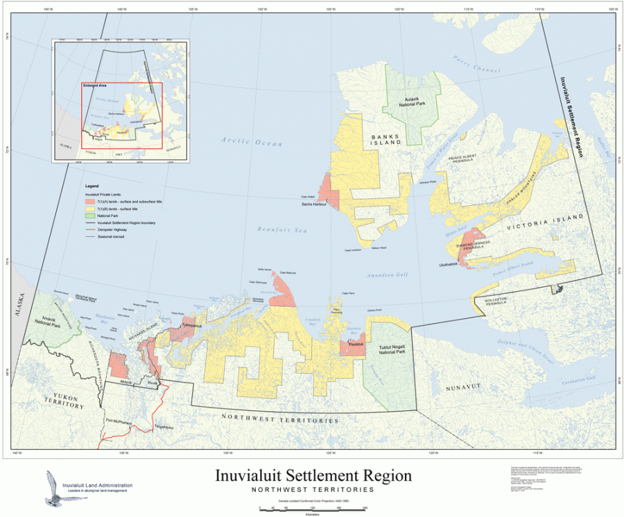 Coloured map showing the designated Region of the Inuvialuit Community.