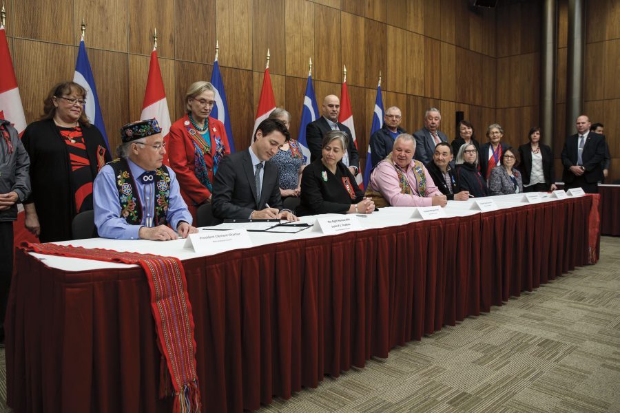 Prime Minister Justin Trudeau and Métis Nation President Clément Chartier meet in Ottawa in April 2017, when the Canada-Métis Nation Accord was signed.