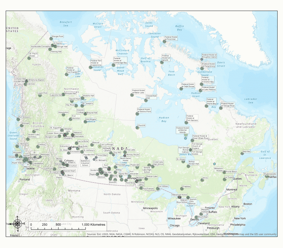coloured map of residential schools locations within Canada