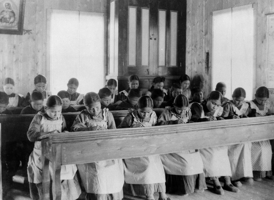 Students studying at Fort Resolution residential school, Northwest Territories.