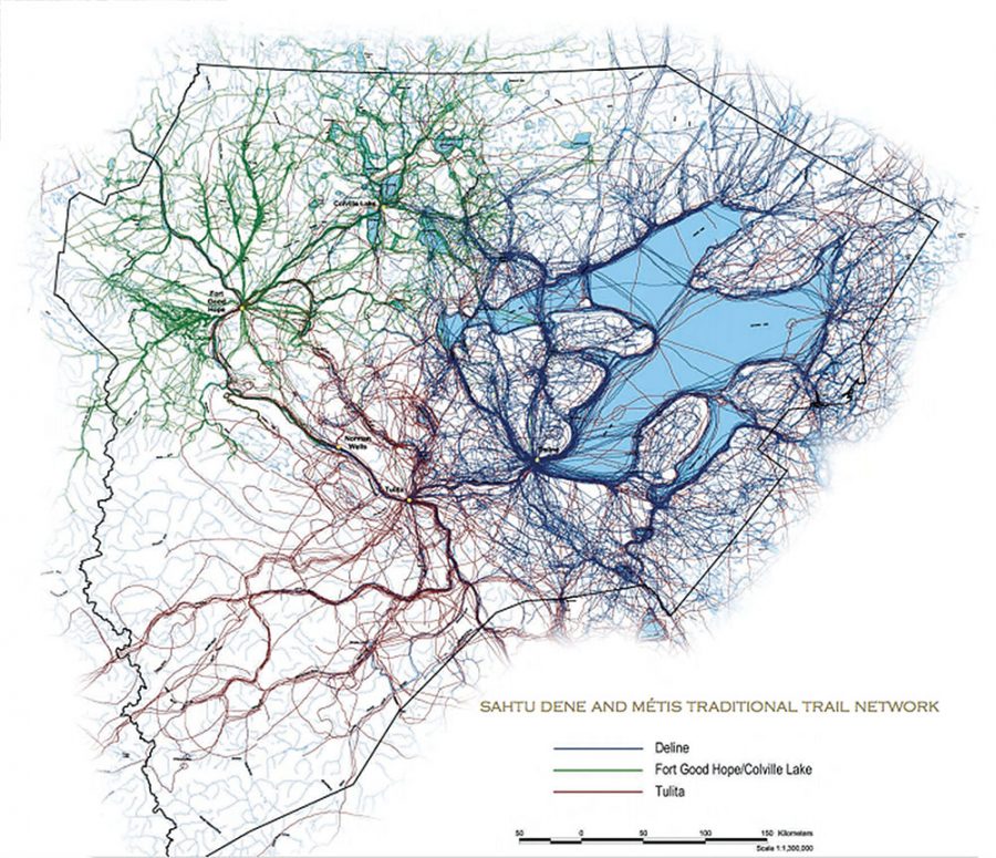 Illustrated map showing capillaries of trails centred around a body of water