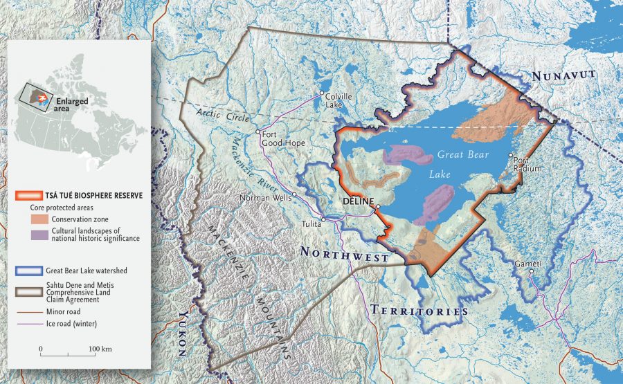 Illustrated map of area around Great Bear Lake with reserve and watershed highlighted