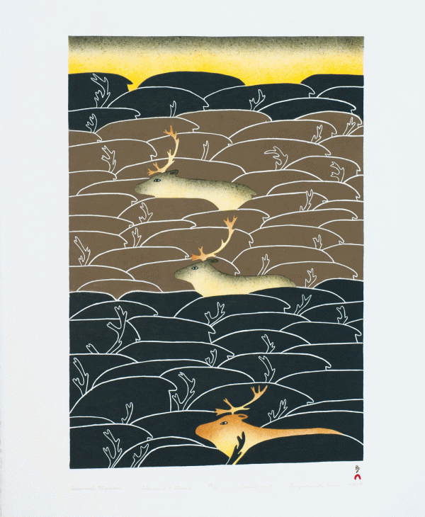 Painting of a large grouping of caribou, two with gold antlers and the rest brown and black