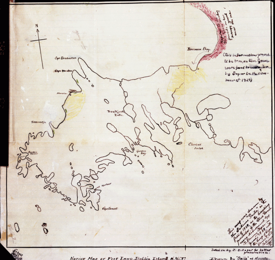 A hand-drawn sepia toned map showing the nesting locations of geese