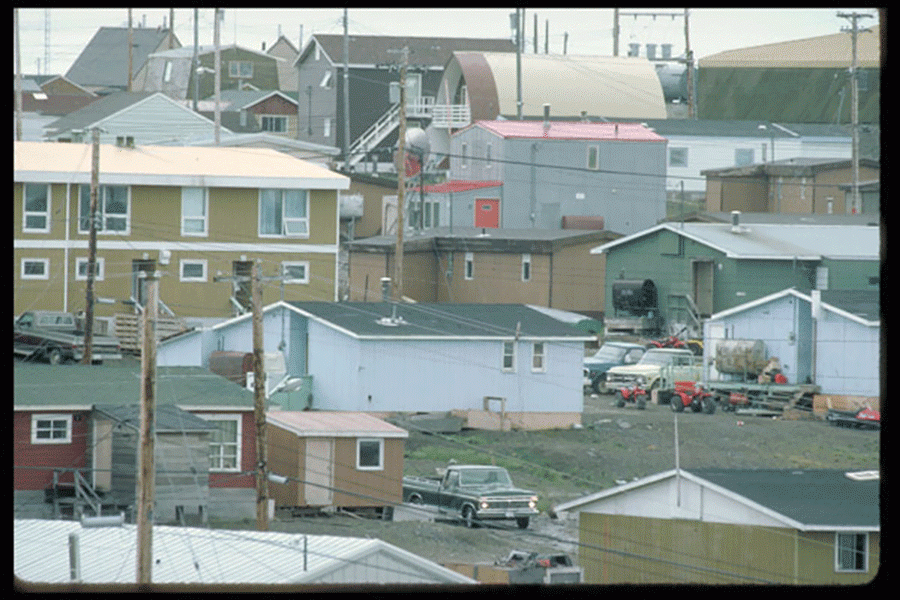 Community with many houses, cars and electrical posts