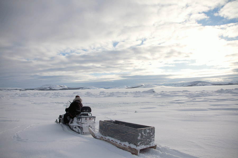 A man on a snowmobile pulls a sled over snowy terrain