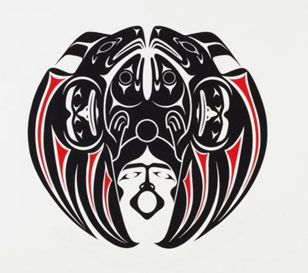 Black and red Indigenous illustration with Salmon heads